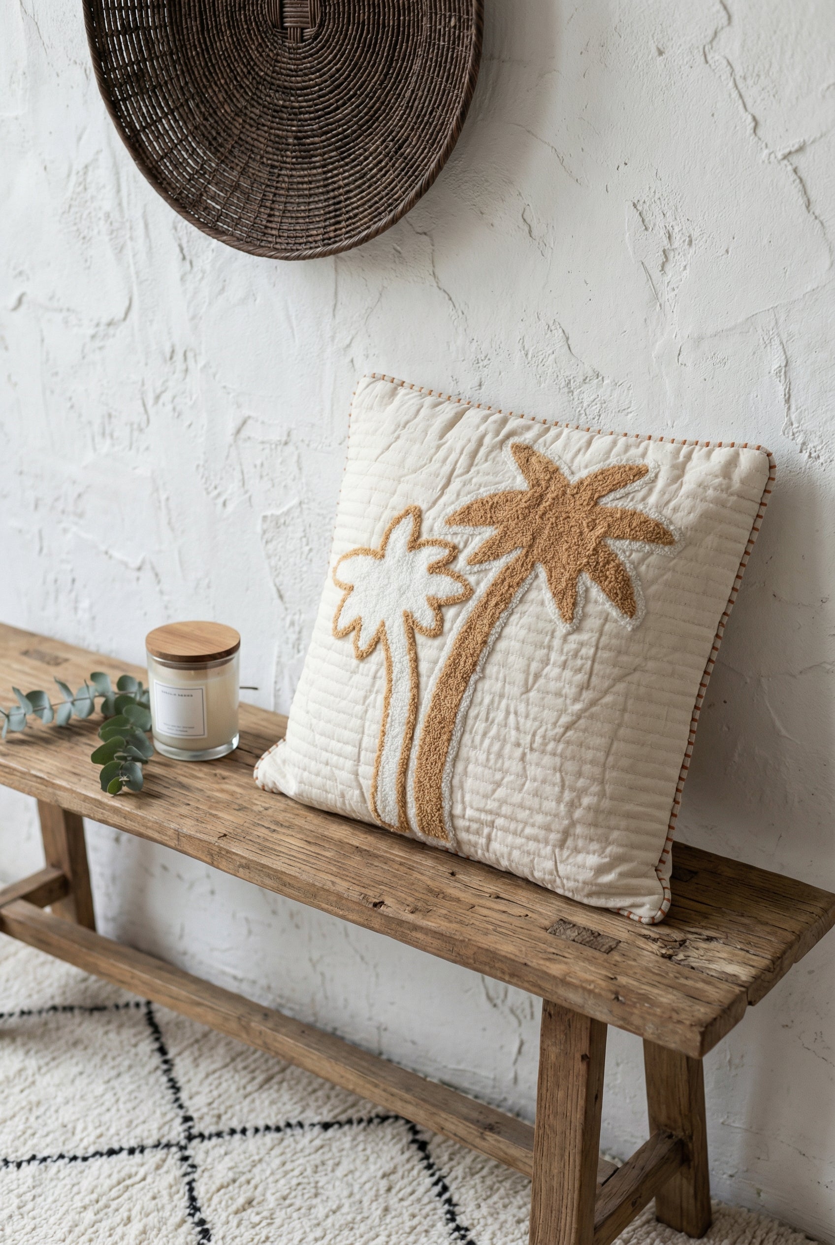 Beige Palm Tree Motif Embroidered Cotton Squared Cushion Cover