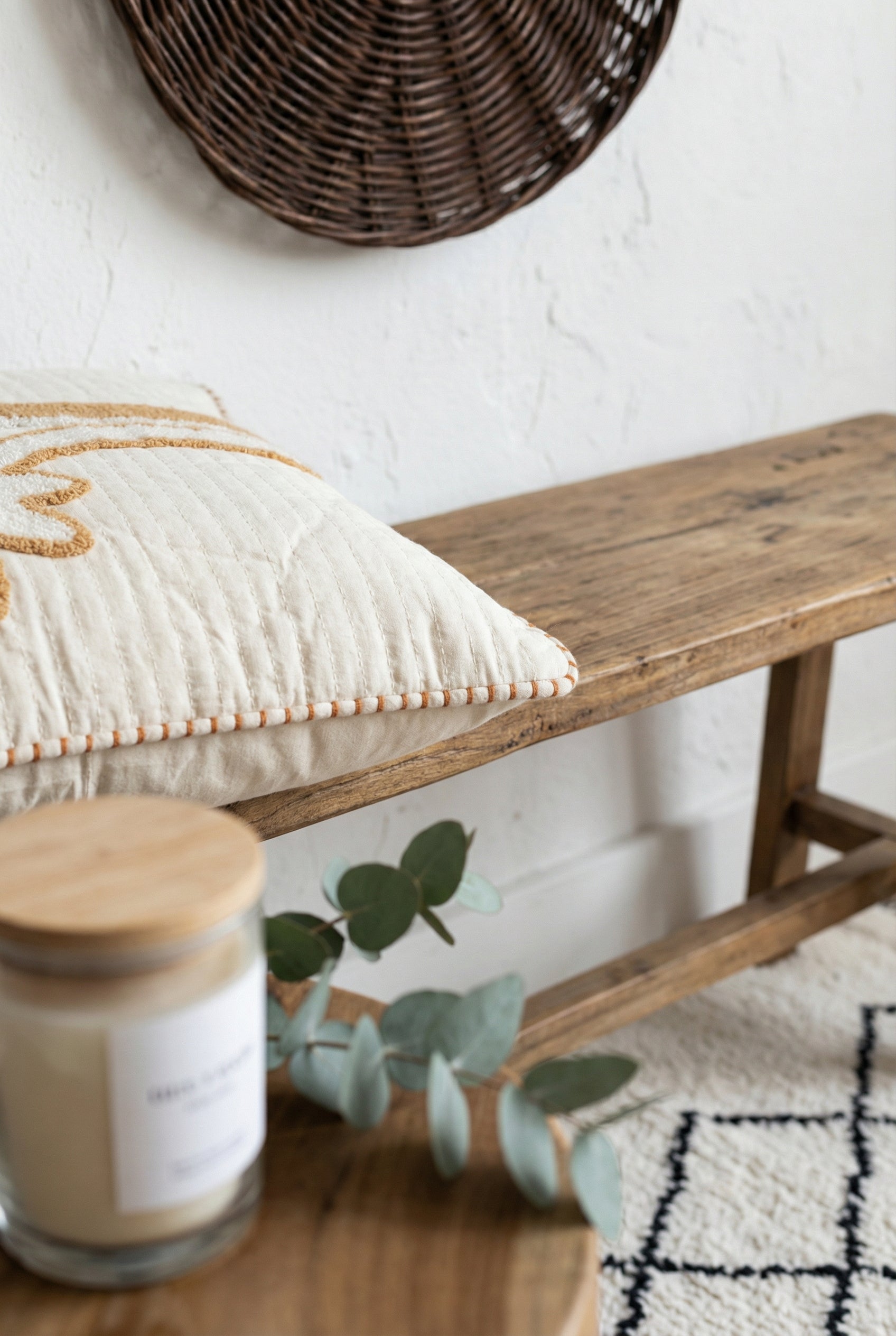 Beige Palm Tree Motif Embroidered Cotton Squared Cushion Cover