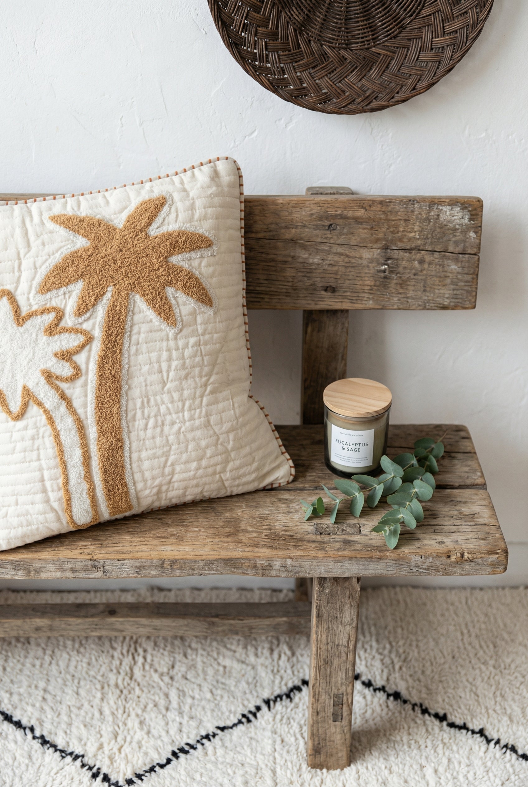Beige Palm Tree Motif Embroidered Cotton Squared Cushion Cover