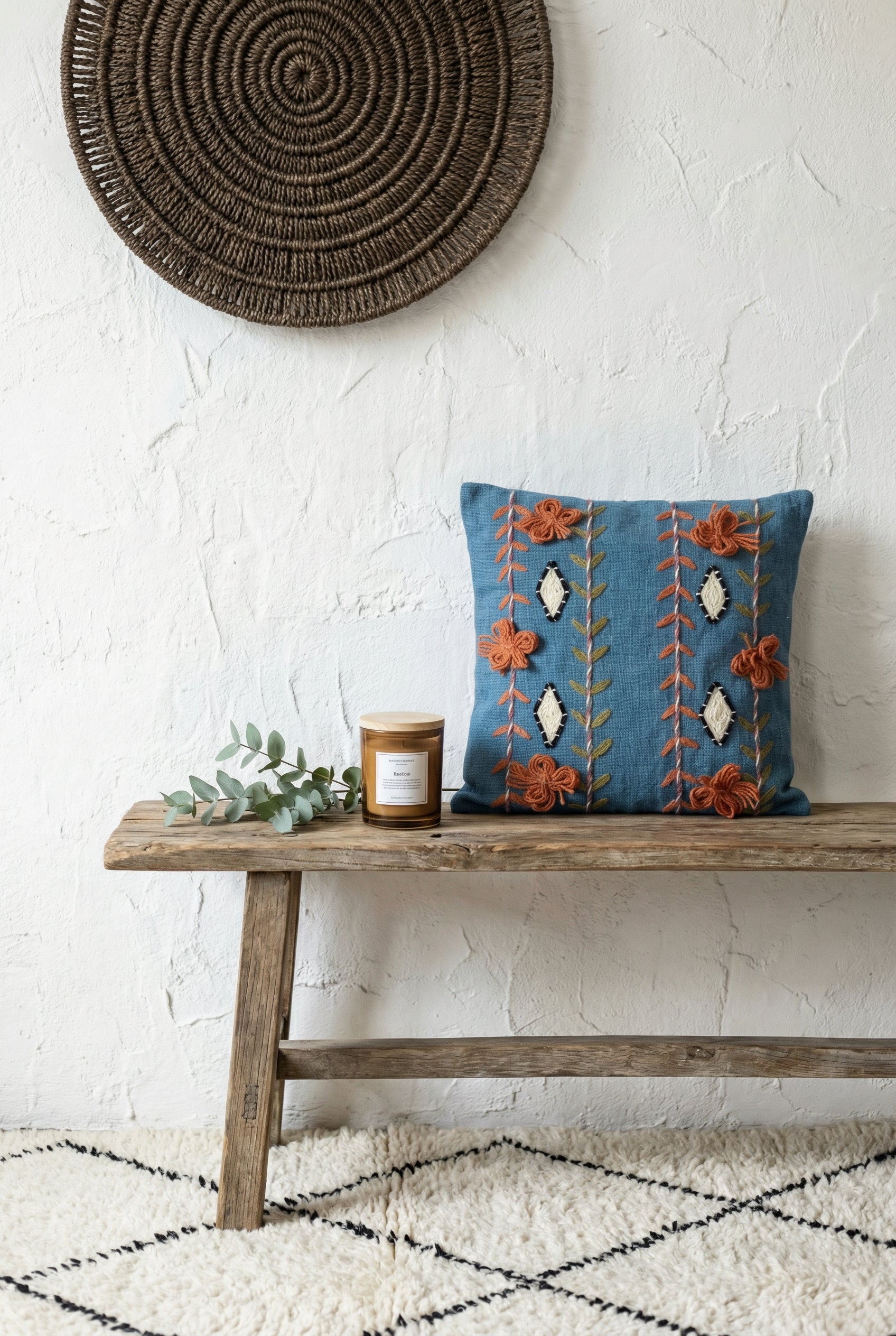 Blue Embroidered Squared Cotton Cushion Cover With Artistic Design
