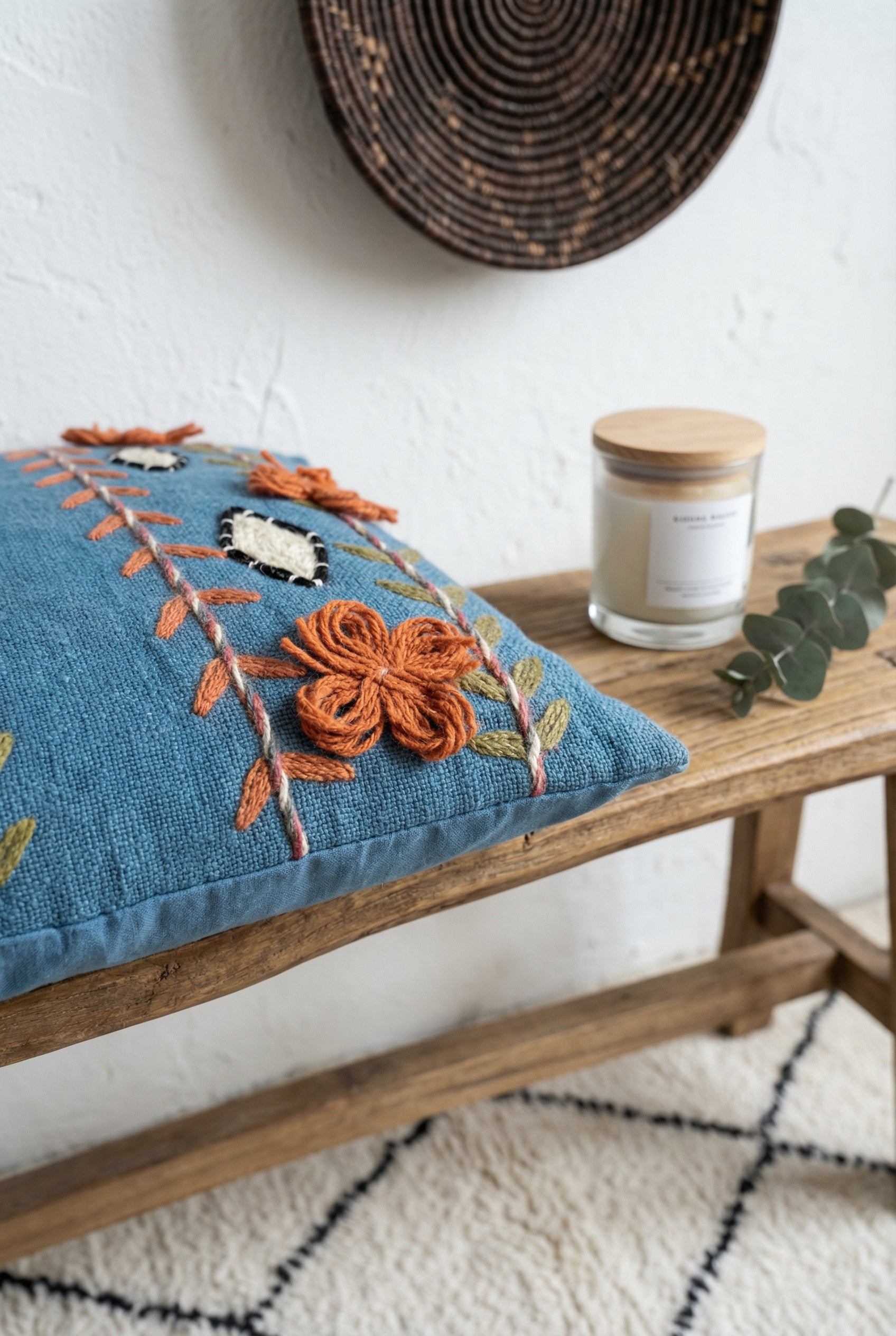 Blue Embroidered Squared Cotton Cushion Cover With Artistic Design