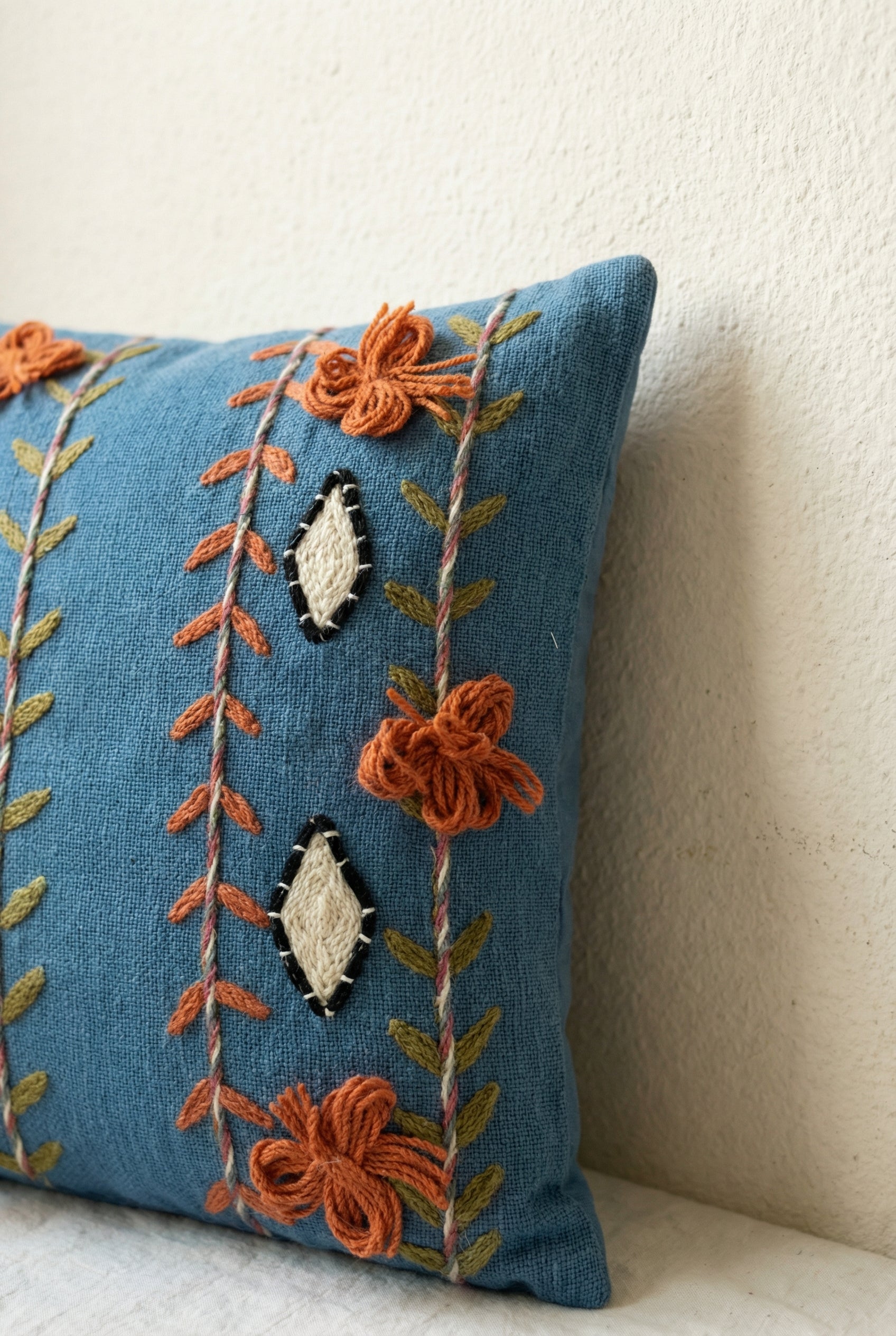 Blue Embroidered Squared Cotton Cushion Cover With Artistic Design