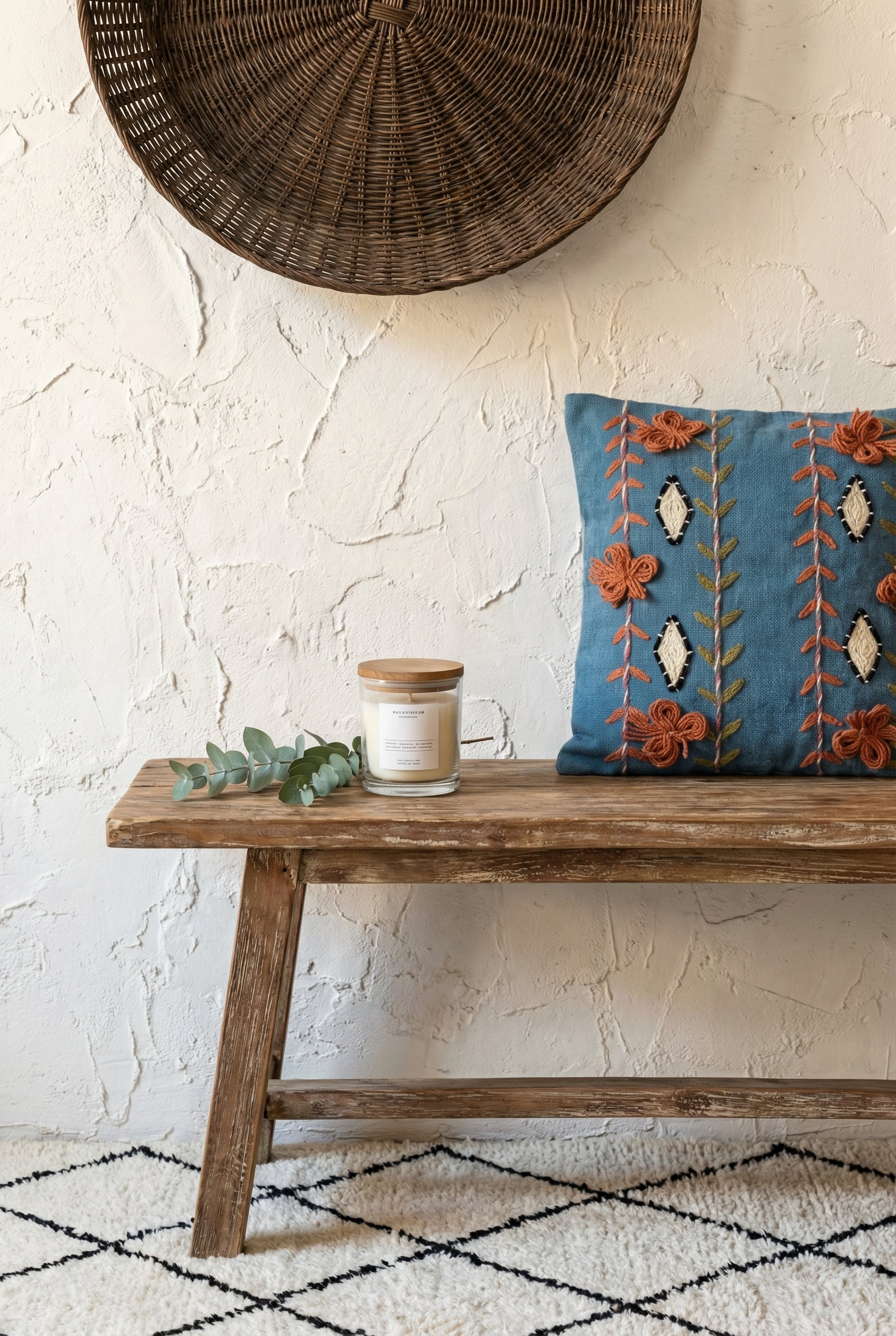Blue Embroidered Squared Cotton Cushion Cover With Artistic Design