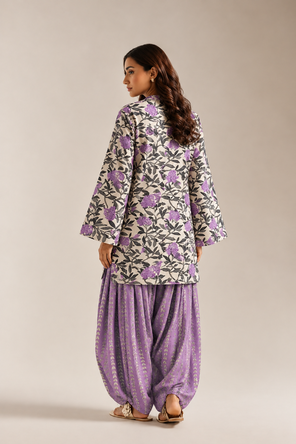 Purple Mandarin Neck Floral Print Tunic & Farshi Salwar Co-Ord Set For Women