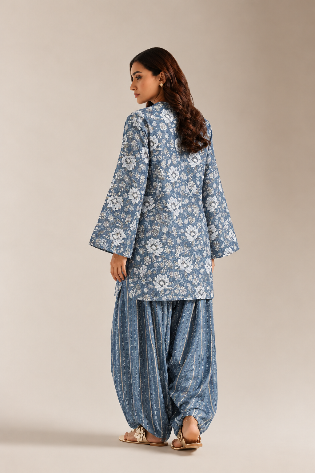 Blue Indigo Geometric Print Tunic & Striped Farshi Salwar Co-Ord Set