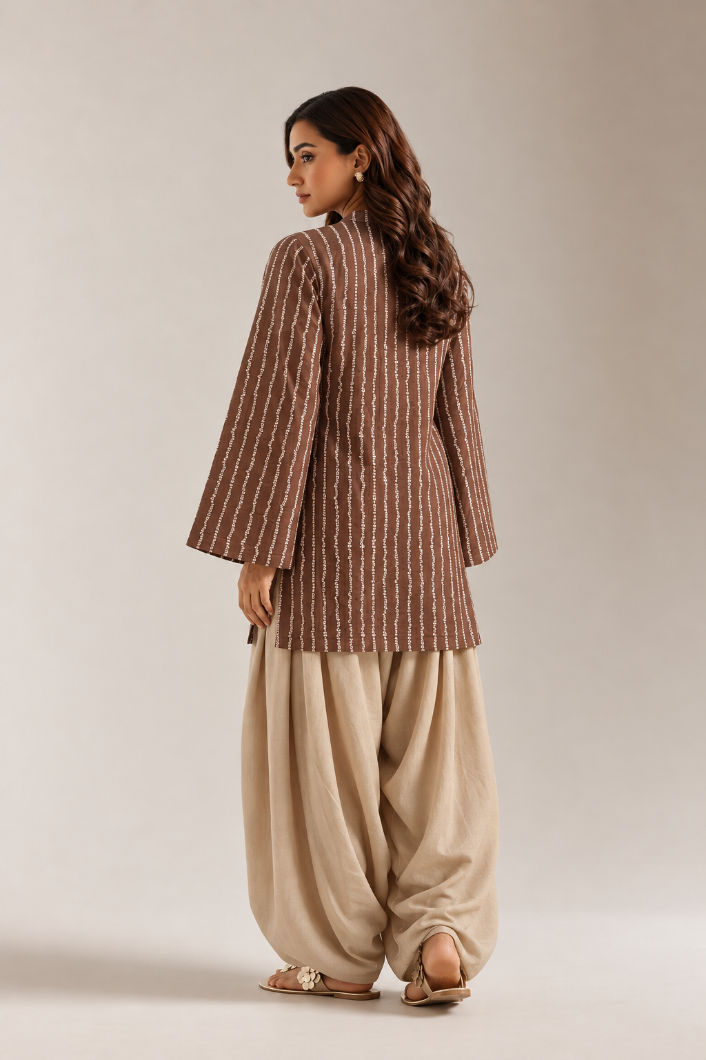 Brown & Beige Striped Tunic & Farshi Salwar Co-Ord Set For Women