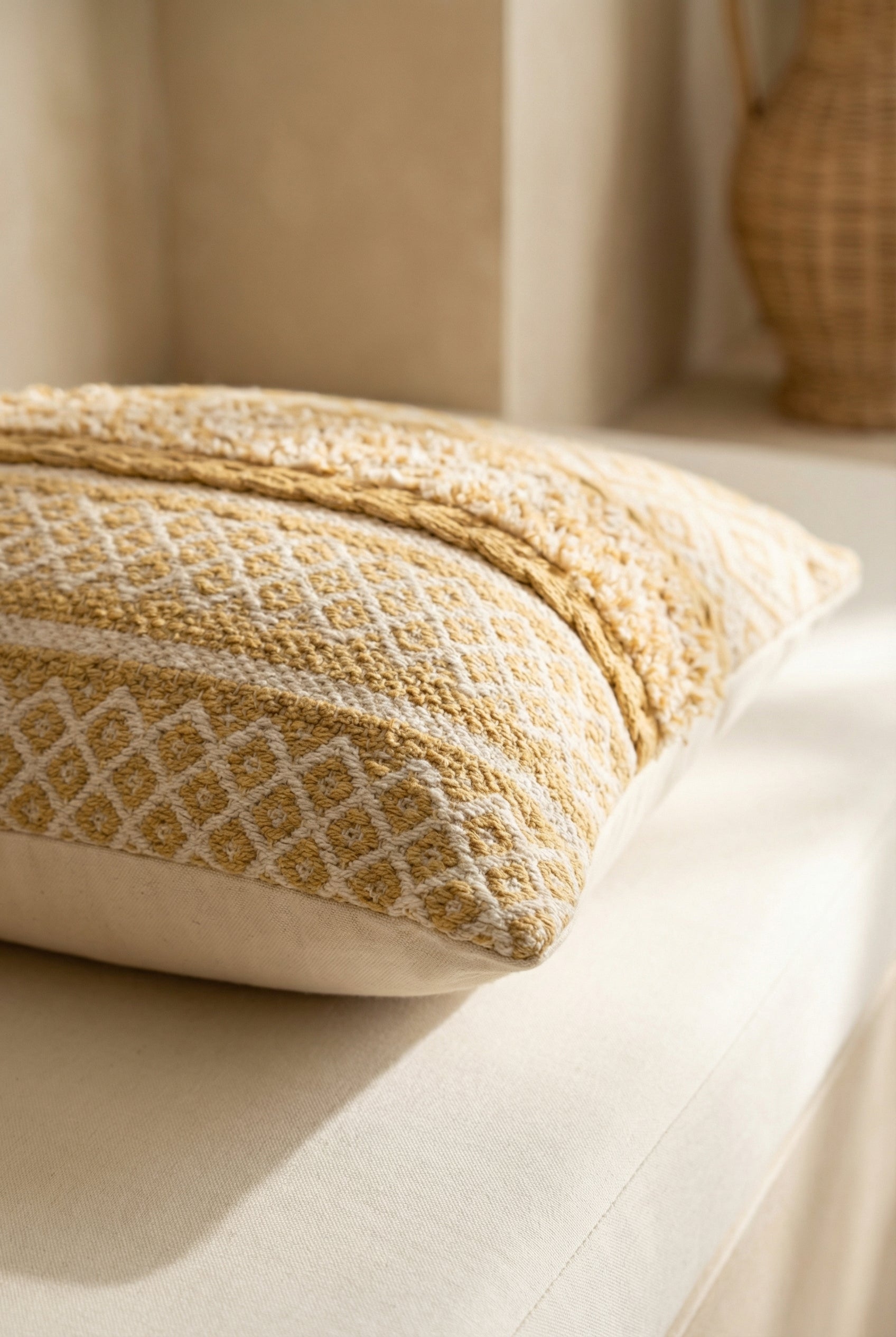 Beige Embroidered Textured  Squared Cotton Cushion Cover