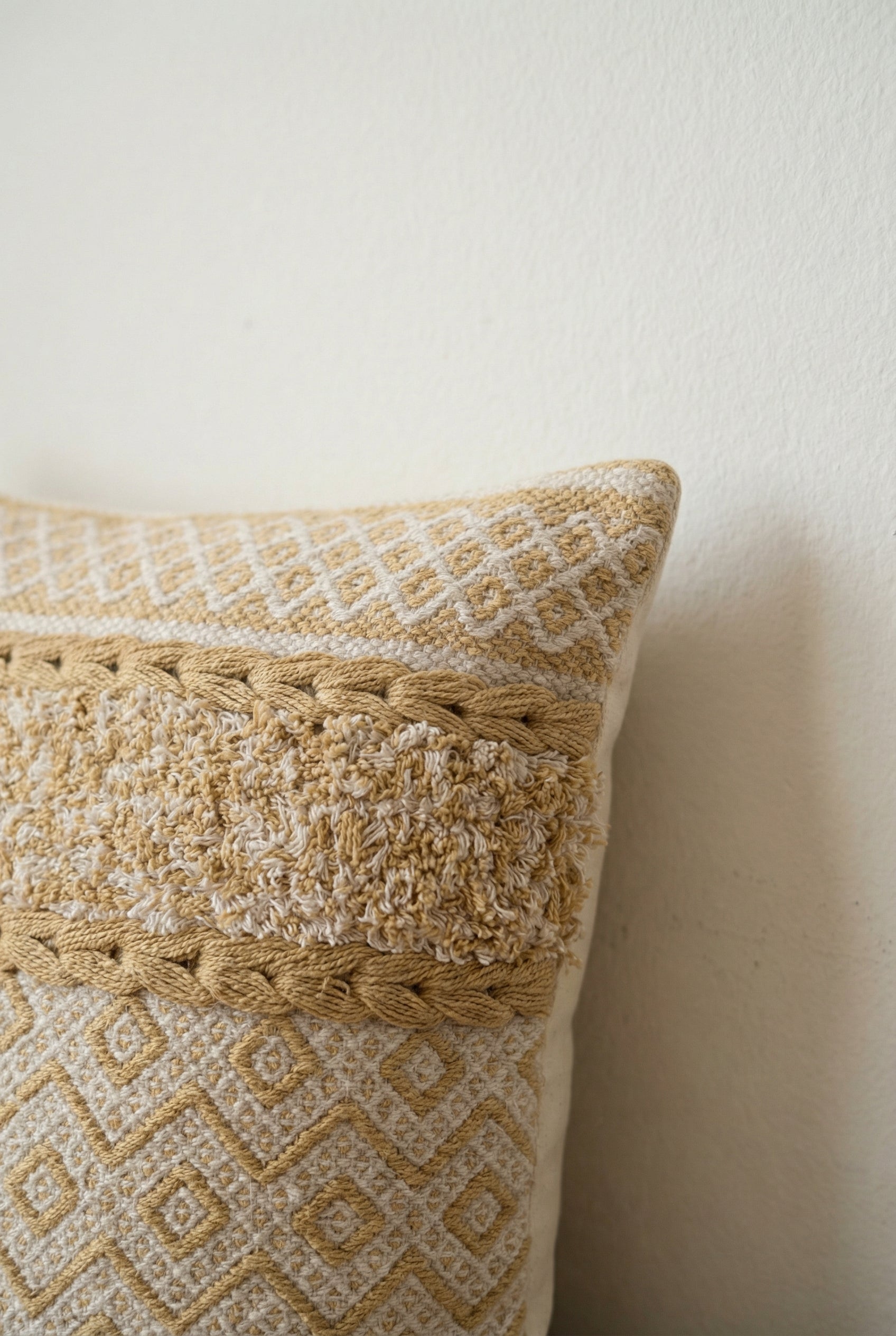 Beige Embroidered Textured  Squared Cotton Cushion Cover