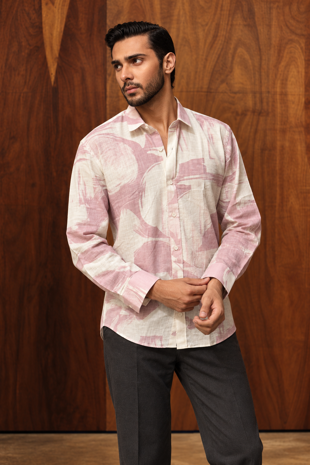 Lavender Abstract Print Cotton Spread Collar Shirt For Men