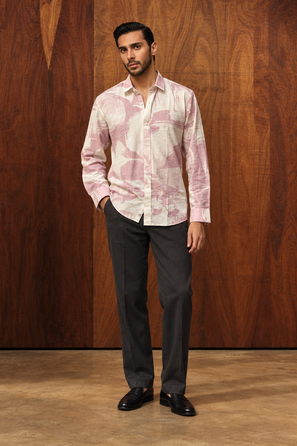 Lavender Abstract Print Cotton Spread Collar Shirt For Men