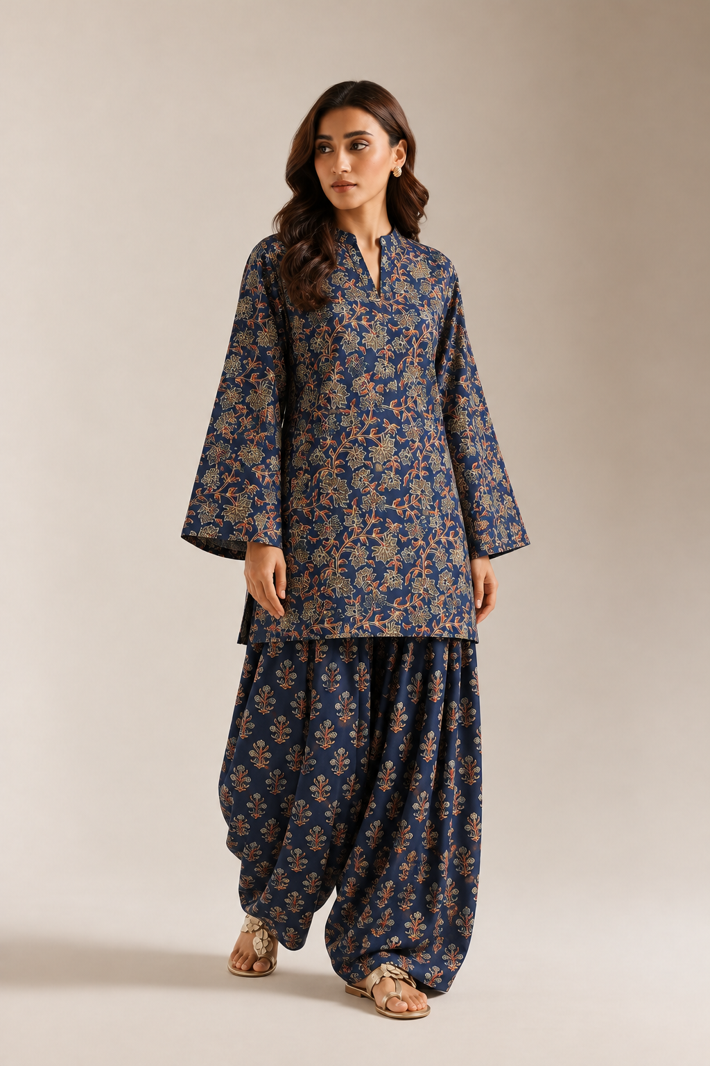 Navy Blue Floral Block Printed Farshi Salwar Co-Ord Set For Women