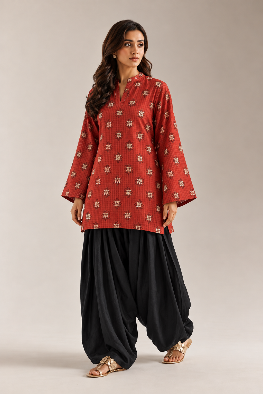 Red & Black Geometric Printed Tunic & Solid Farshi Salwar Co-Ord Set For Women