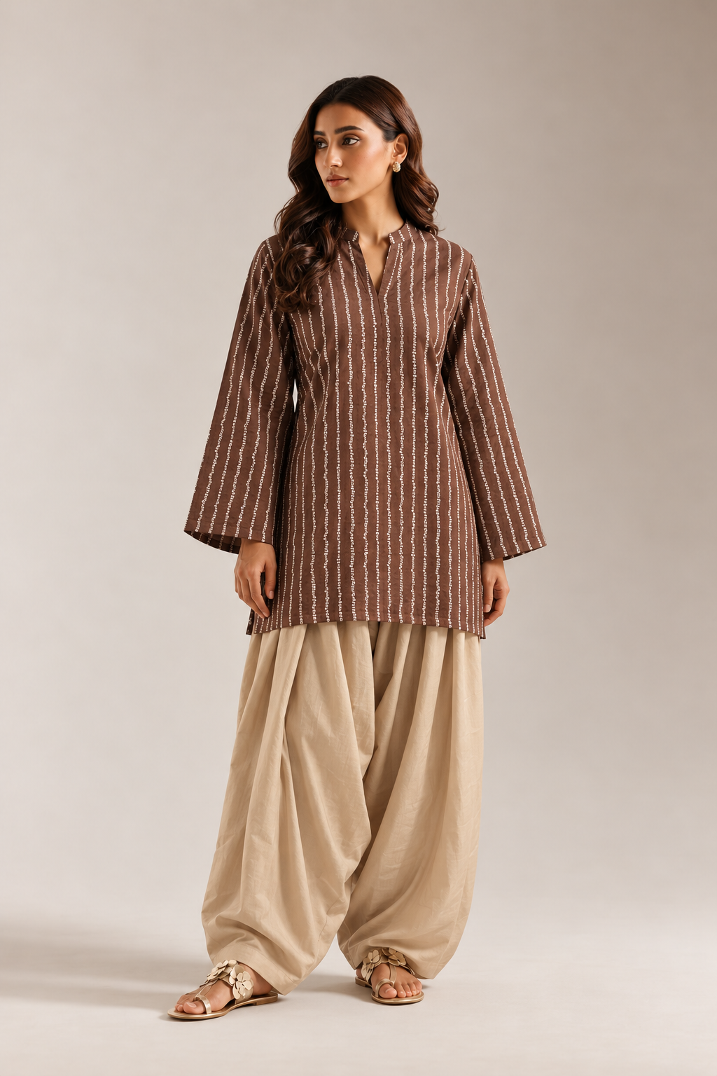 Brown & Beige Striped Tunic & Farshi Salwar Co-Ord Set For Women