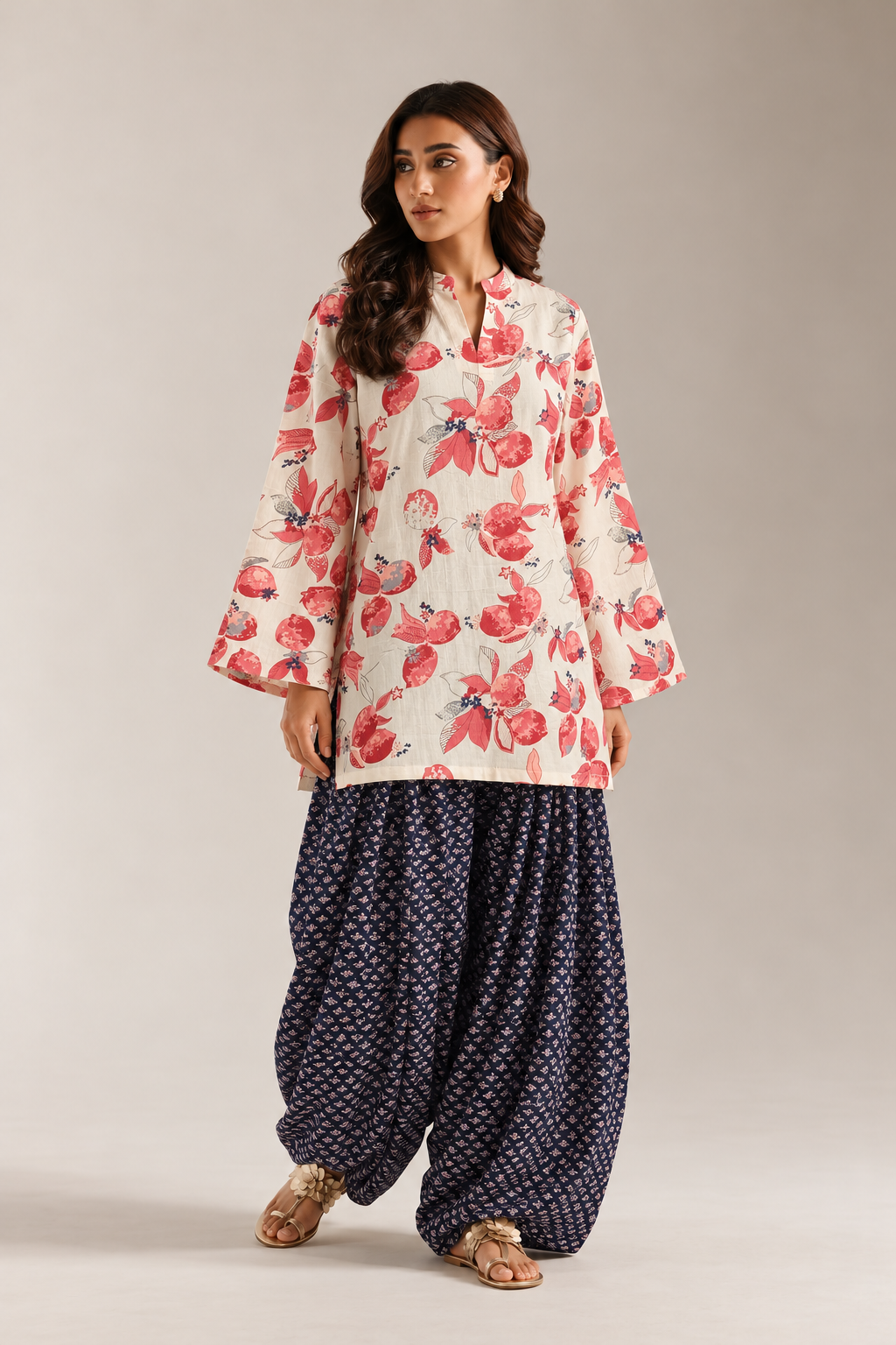 Pink & White Floral Tunic & Indigo Farshi Salwar Co-Ord Set For Women