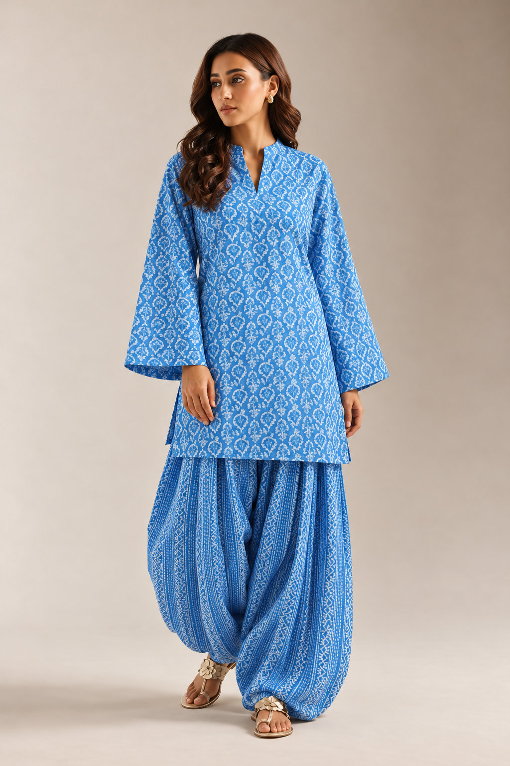Blue Indigo Block Print Mandarin Neck Farshi Tunic Salwar Co-Ord Set For Women