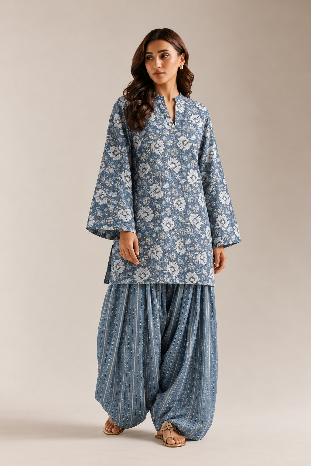 Blue Indigo Geometric Print Tunic & Striped Farshi Salwar Co-Ord Set