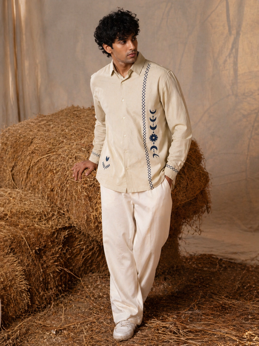 Beige Printed Full Sleeve Ethnic Motifs Shirt For Men