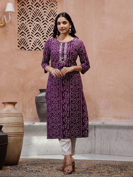 White Dot Printed Round Neck Kurta