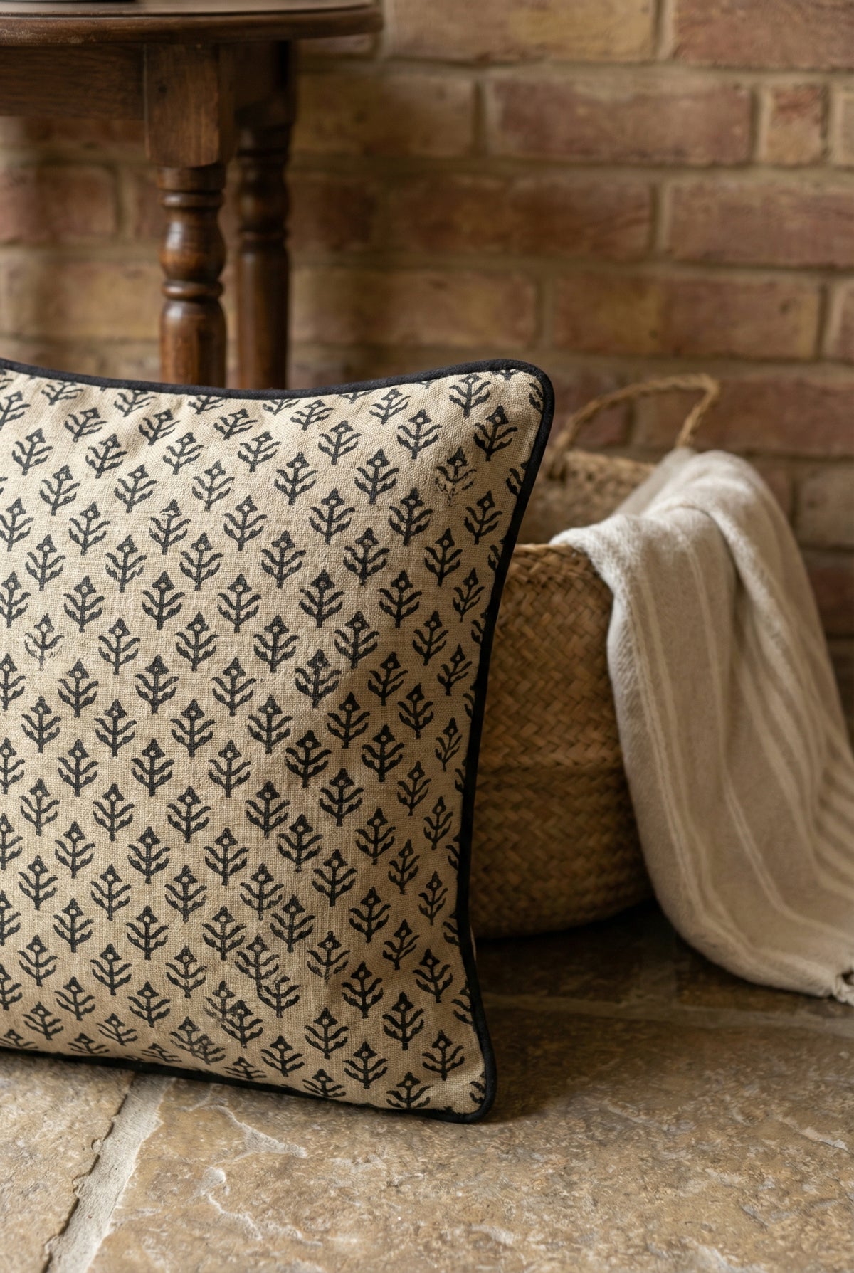 Black & Cream-Coloured Floral Cotton Squared Cushion Covers