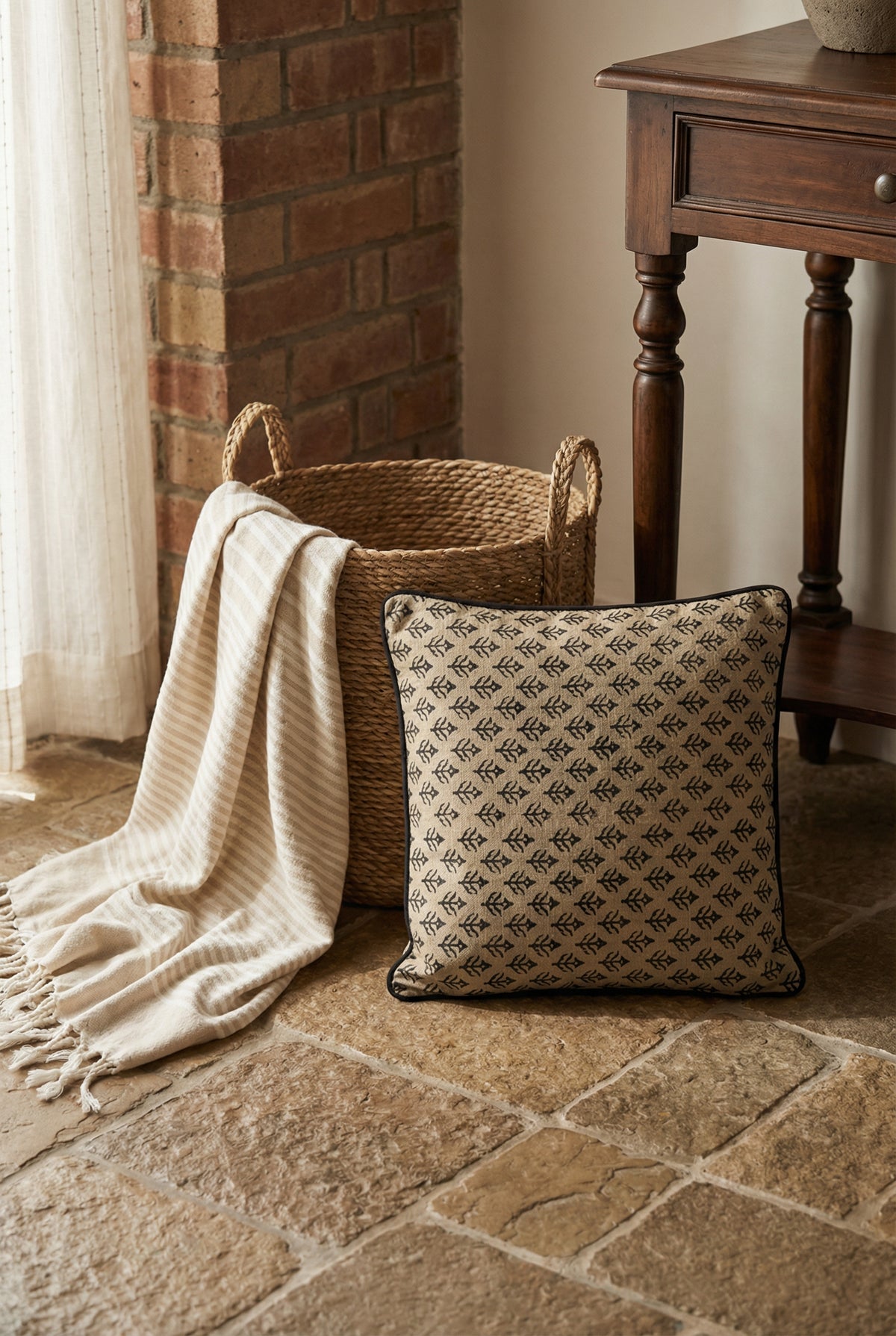 Black & Cream-Coloured Floral Cotton Squared Cushion Covers