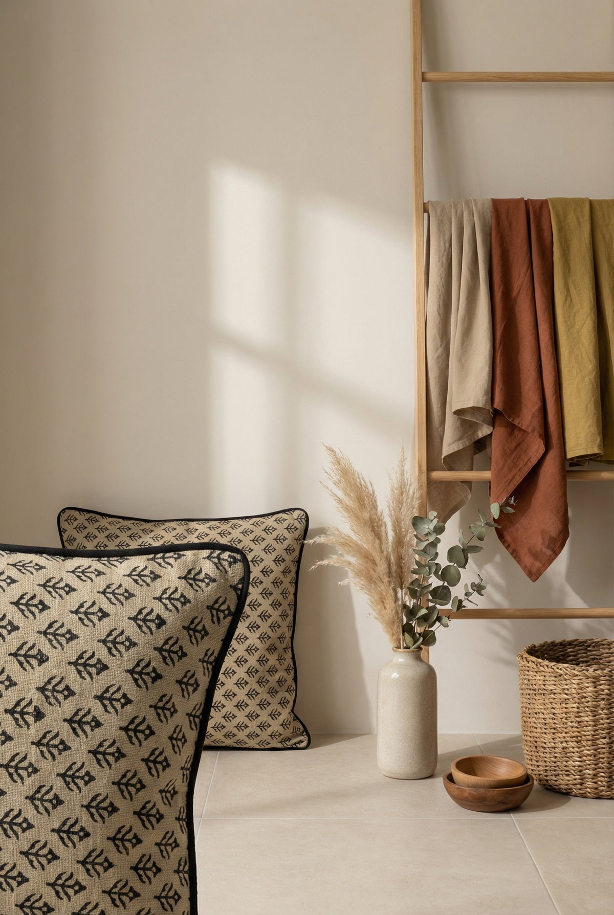 Black & Cream-Coloured Floral Cotton Squared Cushion Covers