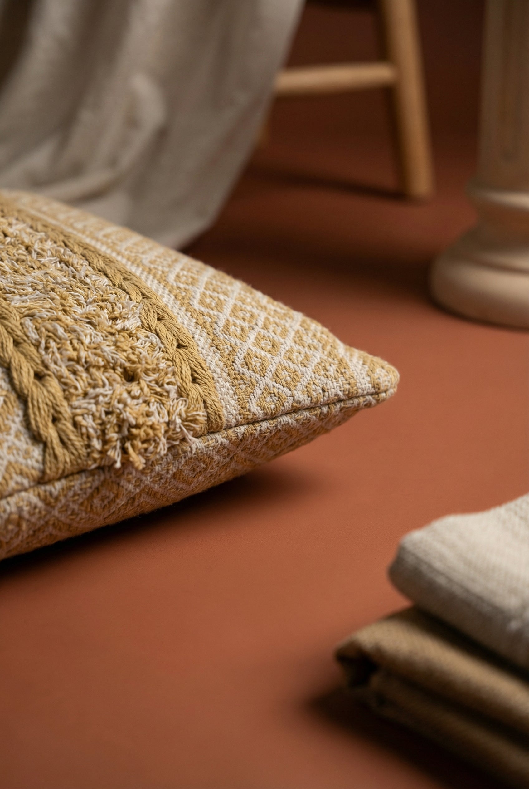 Mustard & Beige Embroidered Cotton Squared Cushion Cover