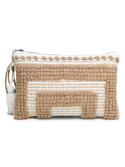 Beige-White Tasseled Hand Woven Tote Bag