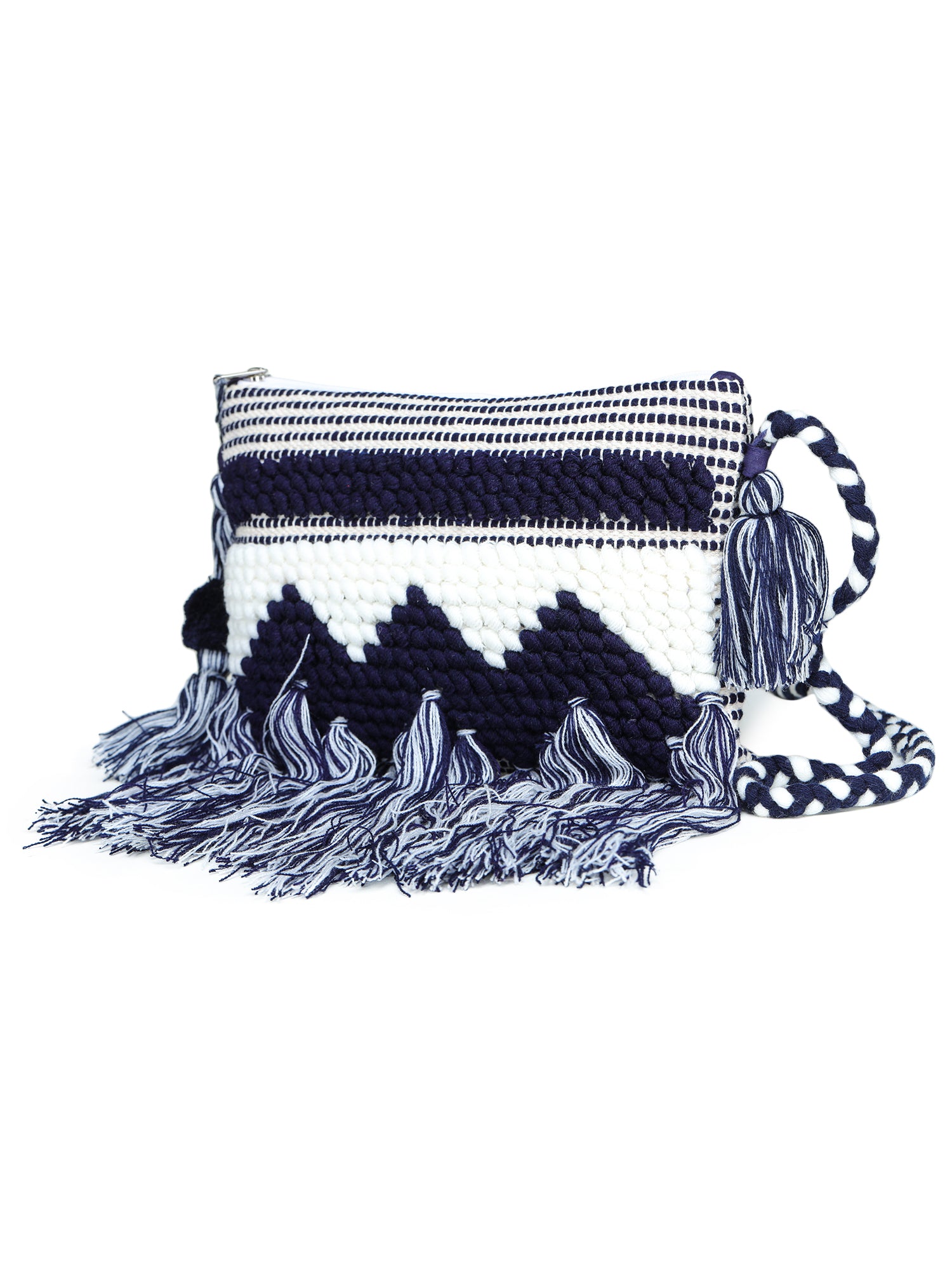 Blue-white tassle Hand Woven Tote Bag