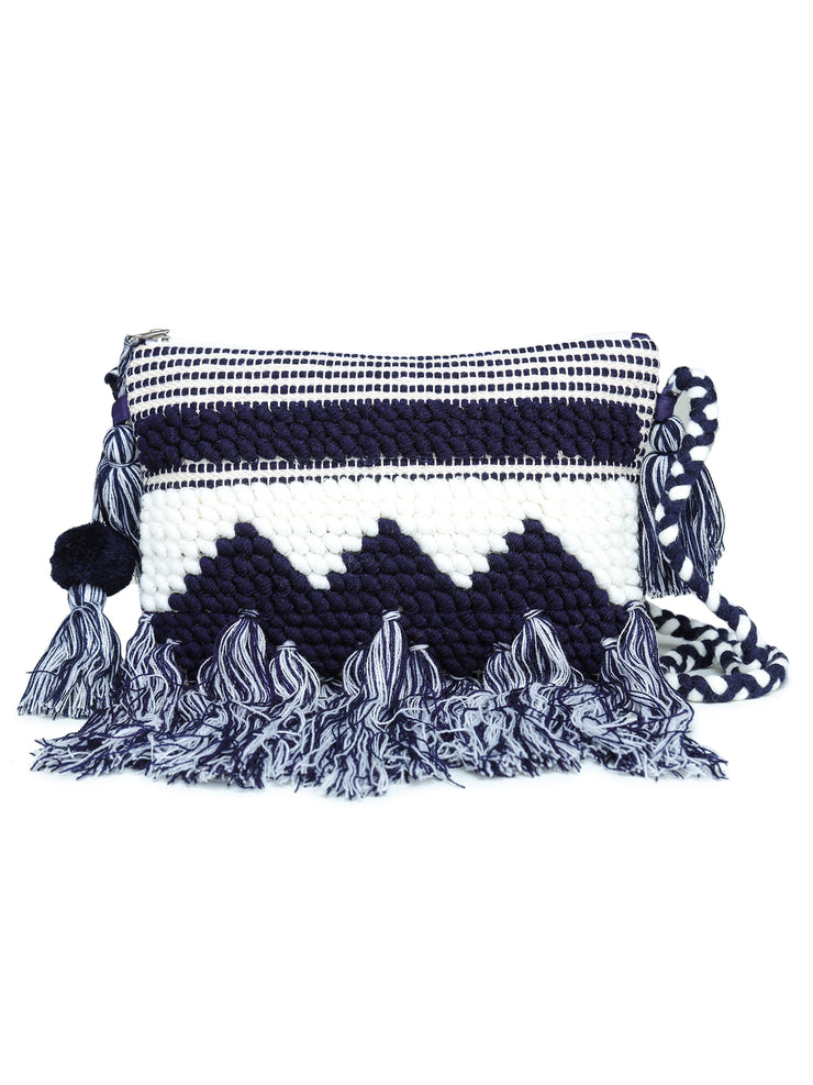 Blue-white tassle Hand Woven Tote Bag