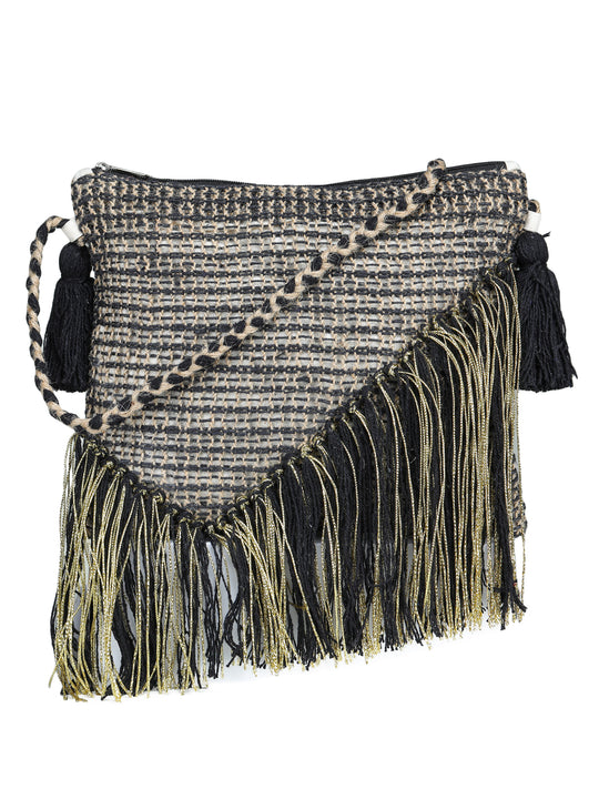 Green black tassel Hand Woven Tote Bag