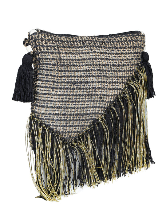 Green black tassel Hand Woven Tote Bag