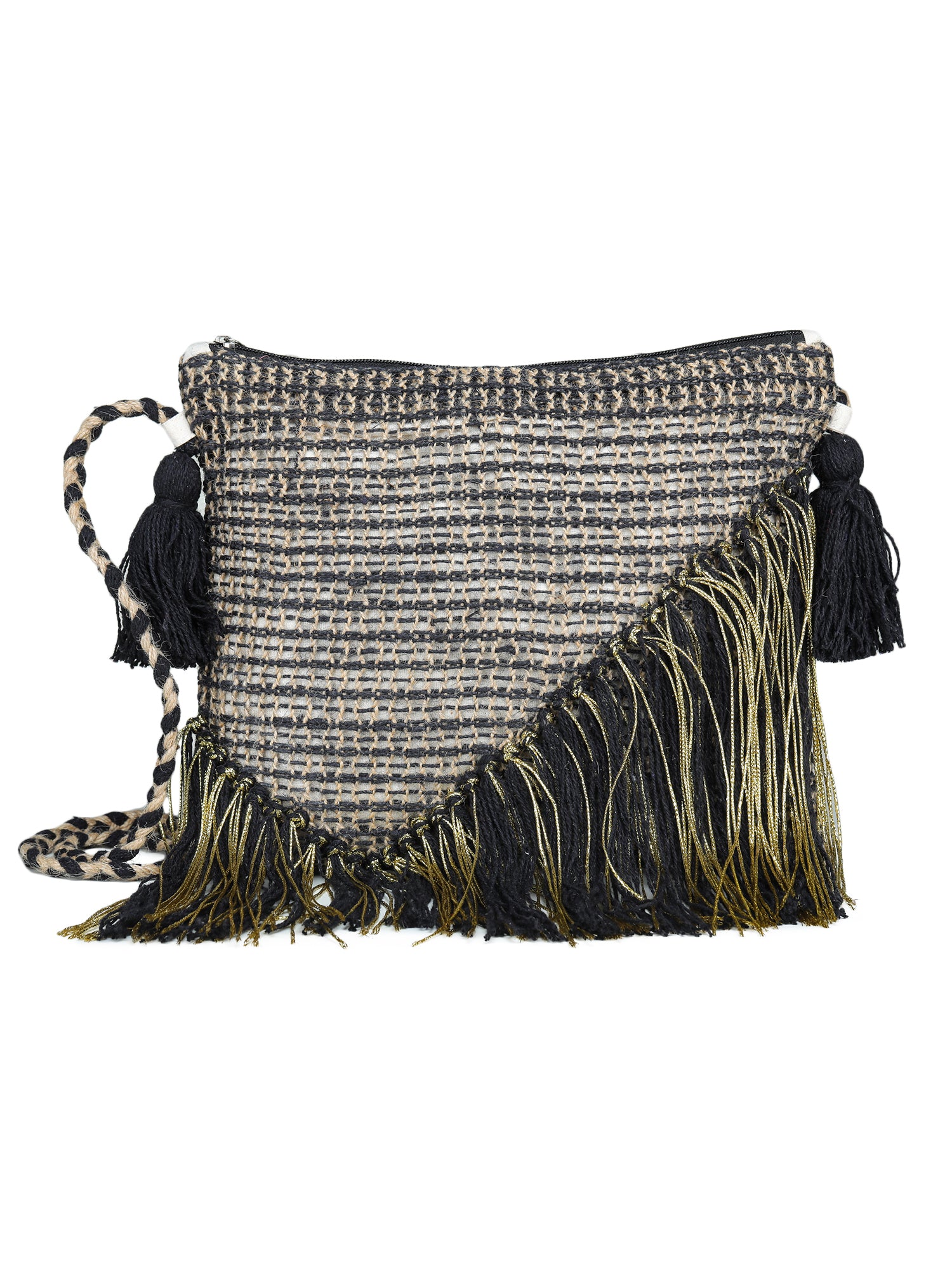 Green black tassel Hand Woven Tote Bag