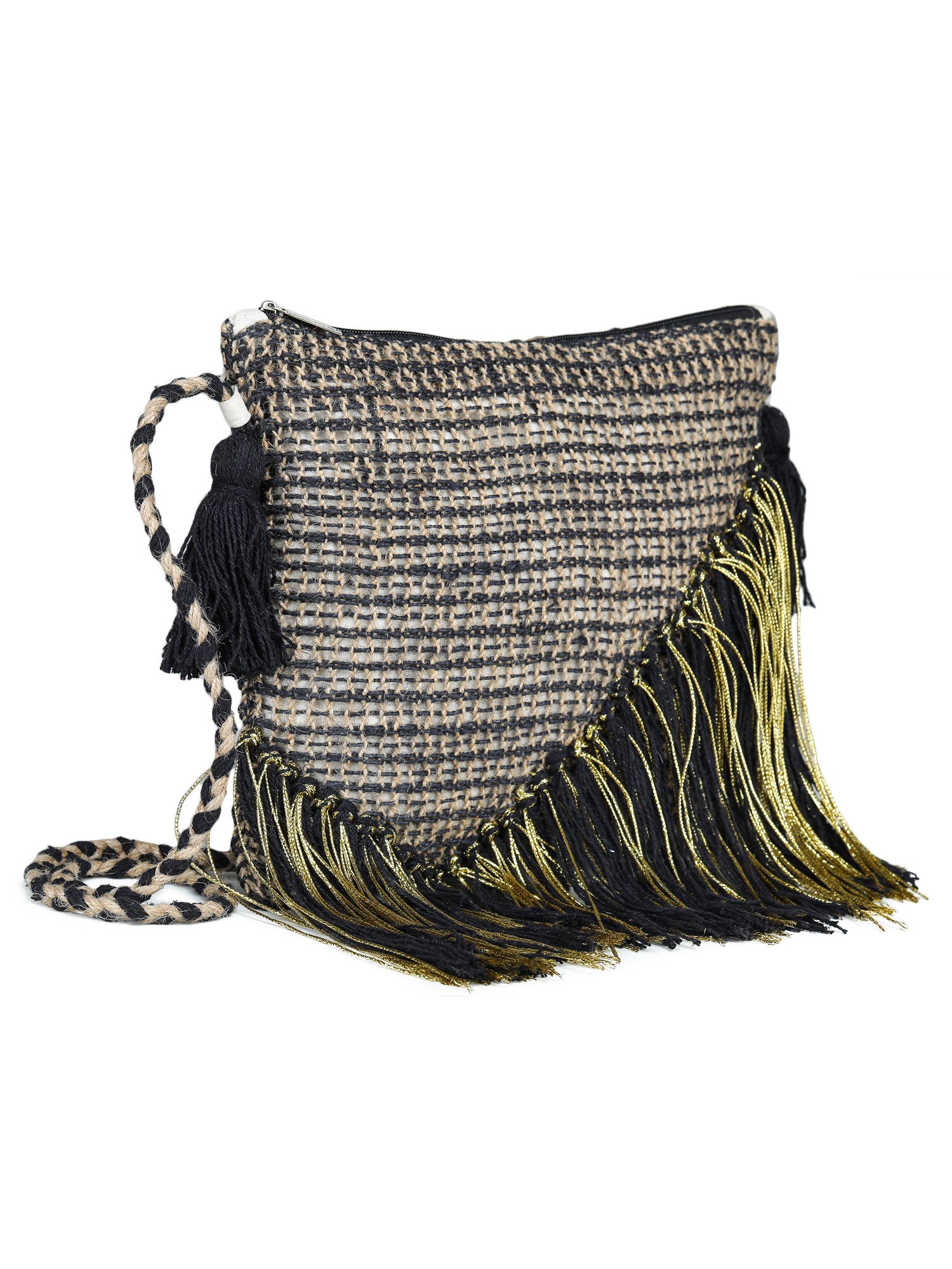 Green black tassel Hand Woven Tote Bag