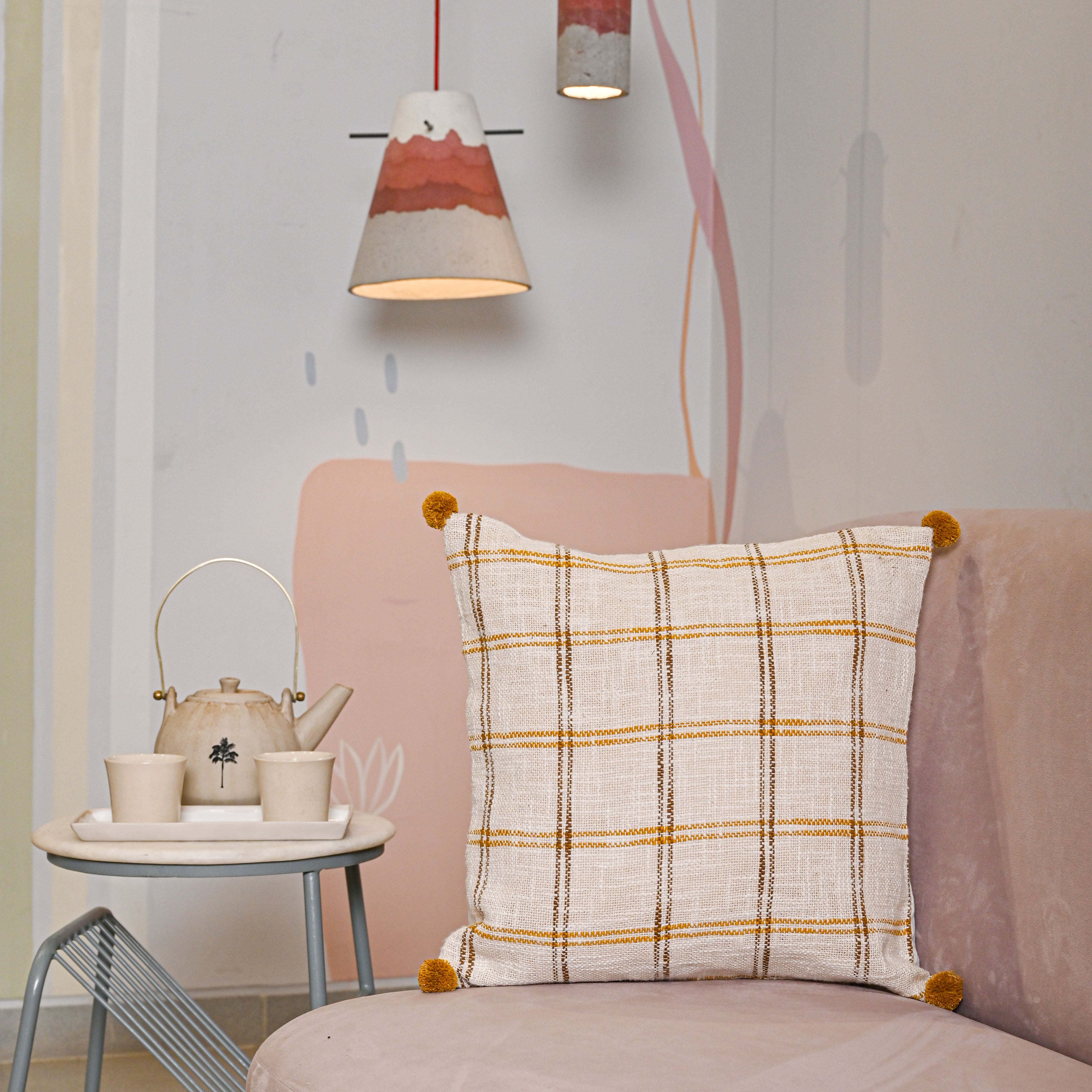 Handloom Pure Cotton Cushion Cover with pompom