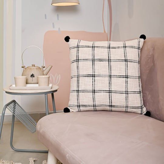 Handloom Pure Cotton Cushion Cover with pompom