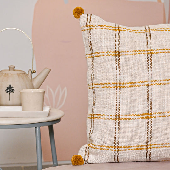 Handloom Pure Cotton Cushion Cover with pompom