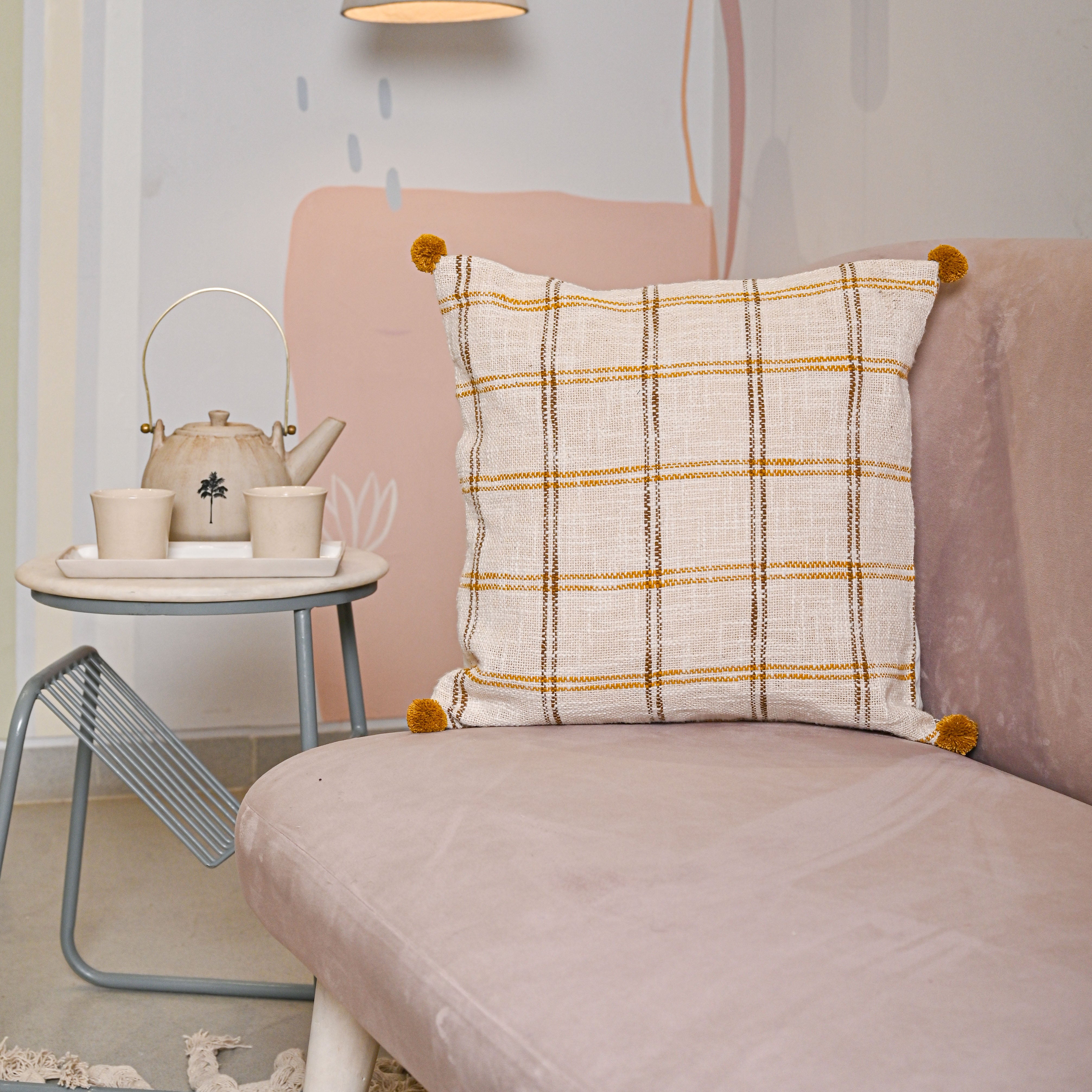 Handloom Pure Cotton Cushion Cover with pompom