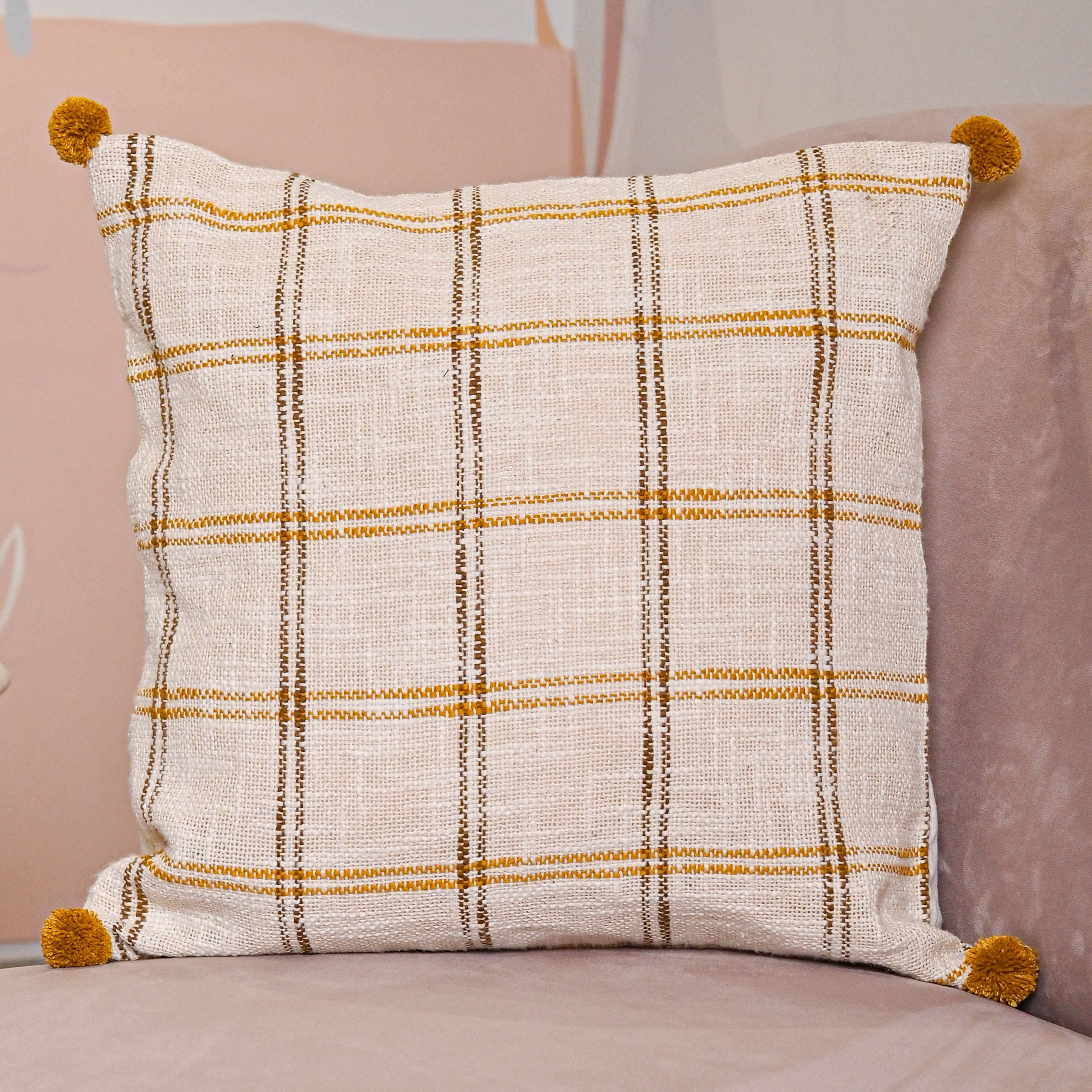 Handloom Pure Cotton Cushion Cover with pompom