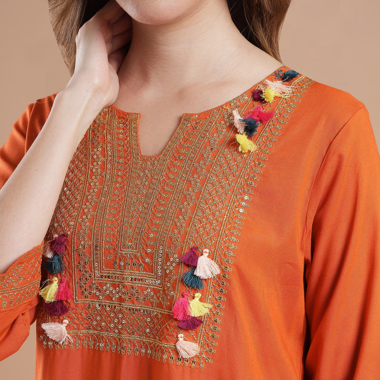 Rang Deep Orange Rayon  Set of Kurti With  Palazzo & Dupatta