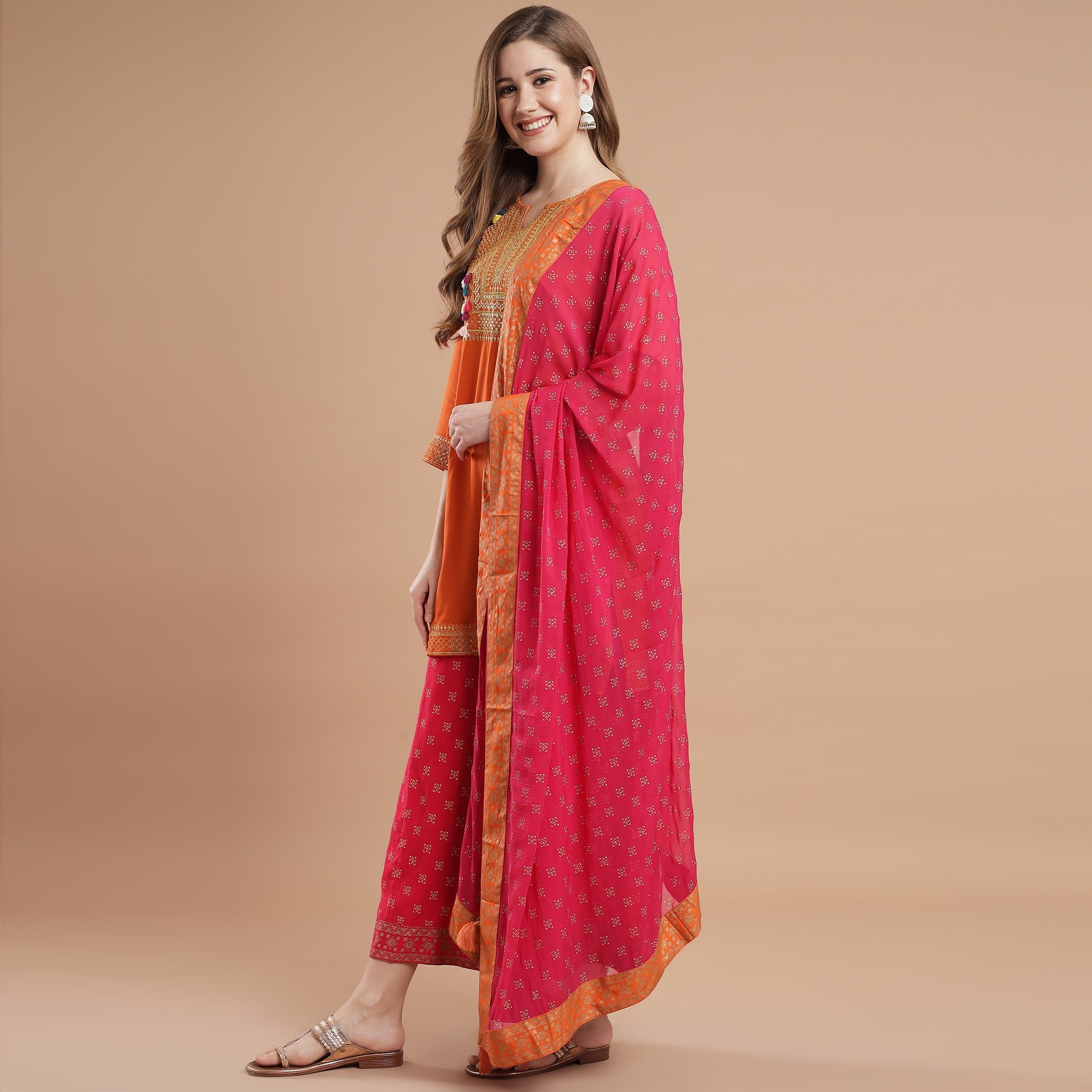 Rang Deep Orange Rayon  Set of Kurti With  Palazzo & Dupatta