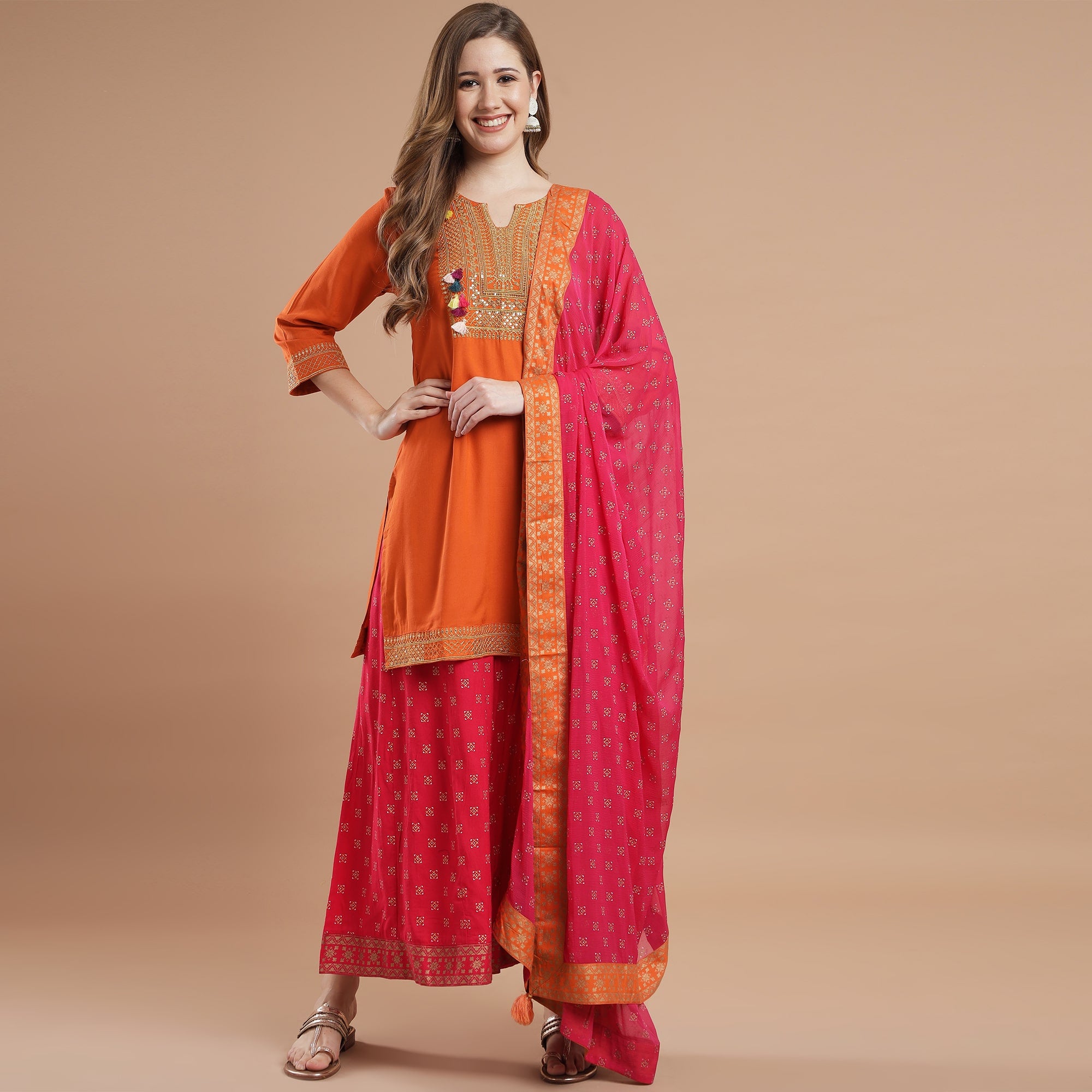Rang Deep Orange Rayon  Set of Kurti With  Palazzo & Dupatta