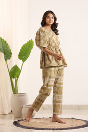 Mustard & White Printed Kaftan Set