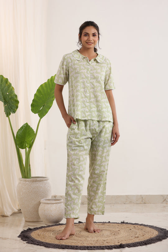 Light Green Printed peter pan collared Night suit set