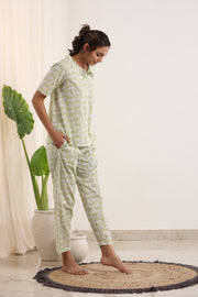 Light Green Printed peter pan collared Night suit set