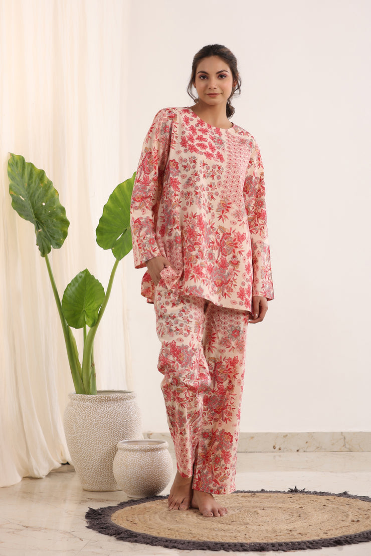 Pink & White loose fit Printed Night suit