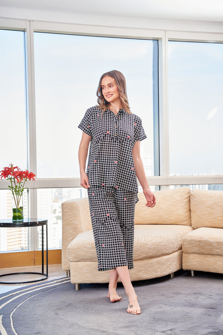 Black check  loose top Printed Lounge set