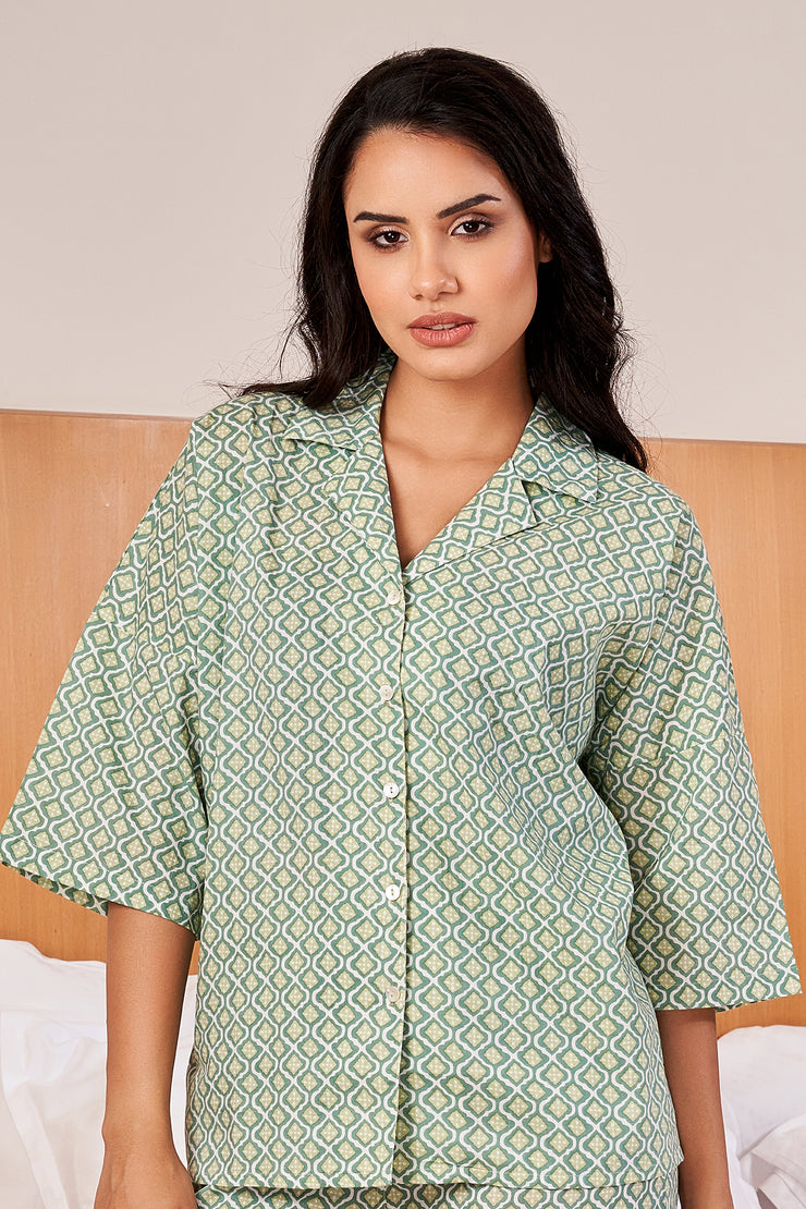 Green geometrical  LOOSE FIT Printed Lounge set