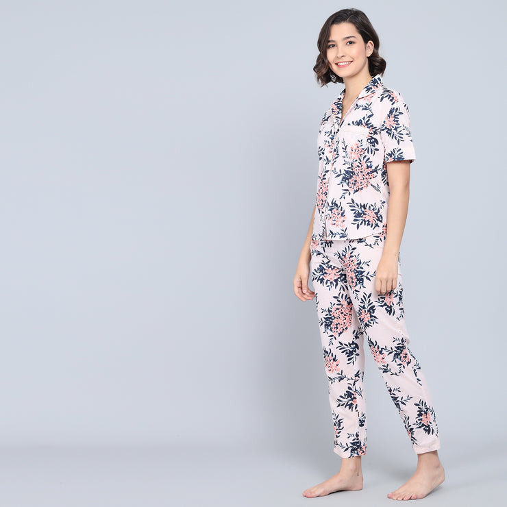 Pink Cotton Printed Night Suit Set with Pajama