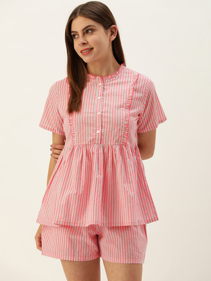 Women Pink and White Striped Flared Top With Shorts Night suit Set