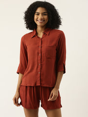 Women Rayon Solid Night Suit With Shorts In Rust Colour